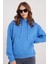 Kadın Oversize Geniş Kesim Pamuklu Yumuşak Dokulu Içi Polarlı Basic Mavi Kapüşonlu Sweatshirt 1