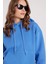Kadın Oversize Geniş Kesim Pamuklu Yumuşak Dokulu Içi Polarlı Basic Mavi Kapüşonlu Sweatshirt 2