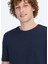 Lacivert Düz Bisiklet Yaka Pamuk Karışımlı T-Shirt 3