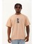 Unisex Oversize Baskılı Bisiklet Yaka T-Shirt - Bej 2