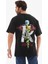 Unisex Bisiklet Yaka Baskılı Oversize T-Shirt - Siyah 4