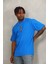 Unisex Oversize Baskılı Bisiklet Yaka T-Shirt - Mavi 2