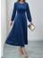 Kadın Uzun Kollu Bisiklet Yaka Midi Kadife Mavi Elbise 3