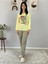 Kadın Kedi Motifli Leopar Desenli Pijama Takımı (Sarı) Sarı 2XL 2