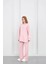 Pembe Kadın Pike Dokulu Nakış Detaylı Yırtmaçlı Oversize Bol Paça Alt-Üst Takım 3