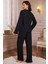 Kadın Siyah Önden Bağlamalı Kolu ve Paçası Fırfır Detaylı Uzun Kollu Pijama Takımı 2