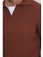 Erkek Standart Fit Normal Kesim Pamuklu Polo V Yaka Kahverengi Kazak 3