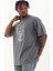 Unisex Oversize Taşlı Bisiklet Yaka T-Shirt - Füme 1
