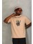 Unisex Oversize Baskılı Bisiklet Yaka T-Shirt - Bej 2