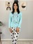 Kadın Kedi Motifli Kalp Desenli Pijama Takımı (Mavi-Beyaz) Mavi 3