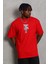 Unisex Oversize Baskılı Bisiklet Yaka T-Shirt - Kırmızı 1