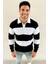 Erkek Polo Yaka Uzun Kollu Çizgili Sweatshirt Trend Rugby Stil 1