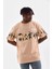 Unisex Bisiklet Yaka Baskılı Oversize T-Shirt - Bej 1