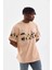 Unisex Bisiklet Yaka Baskılı Oversize T-Shirt - Bej 4