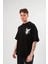 Unisex Bisiklet Yaka Baskılı Oversize T-Shirt - Siyah 1