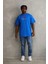 Unisex Baskılı Oversize T-Shirt - Mavi 4
