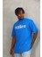 Unisex Oversize Baskılı Bisiklet Yaka T-Shirt - Mavi 1