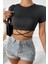 Kadın Siyah Yarım Kol Çapraz Bağlamalı Crop Top Bluz 5