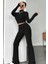 Kadın Siyah Boğazlı Crop Top ve Yüksek Bel Eşofman Takımı Spor Şık Kombin 4