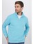 Unisex Relax Fit Rahat Kesim Pamuklu Içi Polarlı Yarım Fermuarlı Açık Mavi Dik Yaka Sweatshirt 2