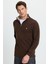 Erkek Slim Fit Dar Kesim Pamuklu Selanik Kumaş Dik Yaka Kahverengi Sweatshirt 1