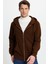 Unisex Relax Fit Rahat Kesim Pamuklu Içi Polarlı Çift Cepli Tam Fermuarlı Kahverengi Kapüşonlu Sweatshirt 1