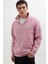 Unisex Relax Fit Rahat Kesim Pamuklu Içi Polarlı Yarım Fermuarlı Lila Dik Yaka Sweatshirt 1