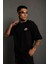 Unisex Bisiklet Yaka Baskılı Oversize T-Shirt - Siyah 1