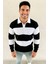 Erkek Polo Yaka Uzun Kollu Çizgili Sweatshirt Trend Rugby Stil - Siyah 1