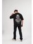 Unisex Bisiklet Yaka Baskılı Oversize T-Shirt - Siyah 2