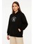 Üç Iplik Kapşonlu Ön ve Arka Baskılı Sweatshirt Hoodie- Siyah 1