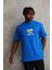 Unisex Baskılı Oversize T-Shirt - Mavi 4