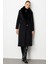 Yakası Kürklü Uzun Siyah Yünlü Kaşe Palto 1