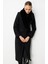 Yakası Kürklü Uzun Siyah Yünlü Kaşe Palto 5