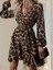 Kadın Uzun Kollu Kruvaze Yaka Belden Kuşaklı Çapraz Kesim Detaylı Leopar Modal Mini Elbise 1