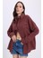 Kadın Oversize Geniş Kesim %100 Pamuk Müslin Kumaş Uzun Kollu Cepli Dokulu Kahverengi Gömlek 2