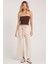 Kadın Relax Fit Rahat Kesim Lastikli Kuşak Bağlamalı Geniş Paça Açık Bej Pantolon 5