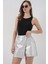 Kadın Bdart Düğmeli Yüksek Bel Metalik Kumaş Mini Şort Etek Gümüş Gri 1