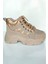 Kadın Kalın Taban Spor Ayakkabı - Bej ve Gold Detaylı Sneaker, Yürüyüş Ayakkabısı 1