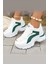 Beyaz Kalın Taban Kadın Spor Ayakkabı – Yeşil ve Gold Detaylı Nefes Alabilen Sneaker 1