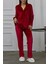 Bordo Gofrajlı Kalp Nakışlı Uzun Kadife Pijama Takımı 1
