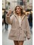 Düğmeli Kapüşonlu Peluş Mont – Bej Oversize 4