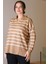 GÖMLEK YAKA ÇİZGİLİ CAMEL EKRU KADIN TRİKO KAZAK 5165-2K5 2