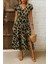 V Yaka Desenli Yırtmaçlı Süprem Elbise - Leopar 1