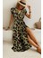 V Yaka Desenli Yırtmaçlı Süprem Elbise - Leopar 2