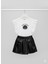 Kız Siyah Deri Etekli Istiridye Baskılı Beyaz Tişörtlü Şık Takım 2