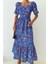 Kare Yaka Çiçek Desenli Uzun Elbise Saks 1