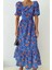Kare Yaka Çiçek Desenli Uzun Elbise Saks 4