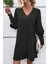 V Yaka Düğme Detaylı Uzun Kollu Mini Elbise - Siyah 1