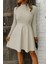 Balıkçı Yaka Uzun Kollu Alt Deri Detaylı Mini Elbise - Bej 3